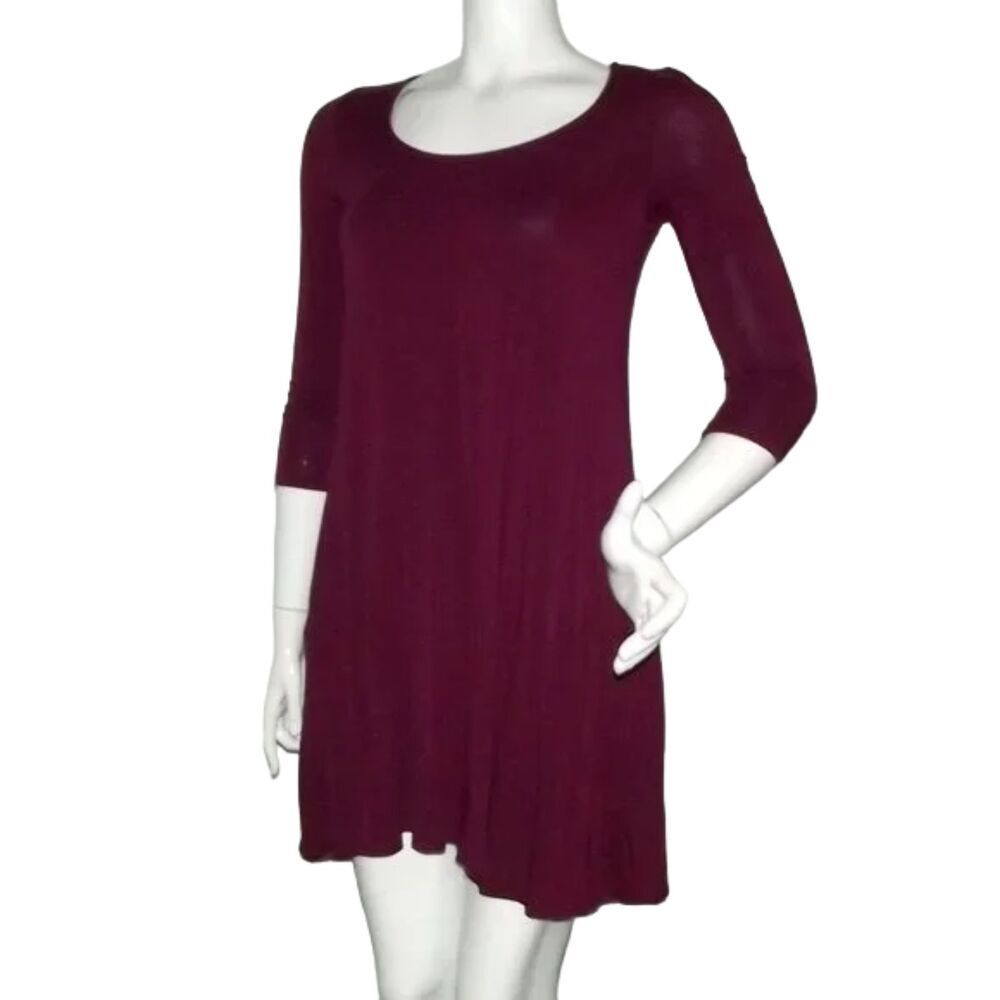 Lulus Jersey Swing Dress, S, Wine Red, 3/4 sleeve, Mini Length, Pockets - Picture 3 of 12